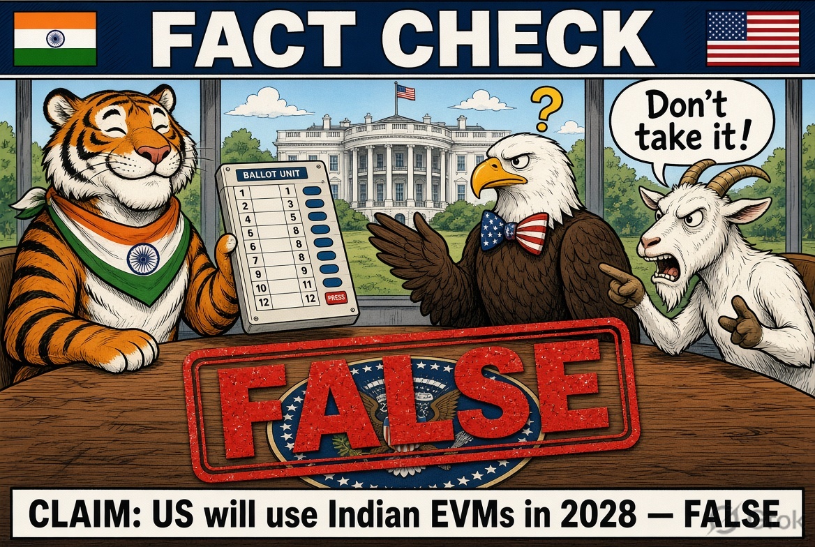 Cartoon fact-check: jealous goat warning a US eagle as an Indian tiger offers an EVM, stamped FALSE