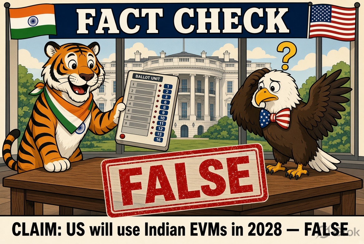 Cartoon fact-check: Indian tiger offering an EVM to a confused US eagle, stamped FALSE