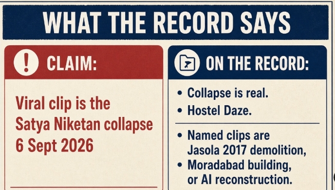 Representational graphic comparing viral collapse clips with the record: Jasola 2017, Moradabad, and AI reconstructions